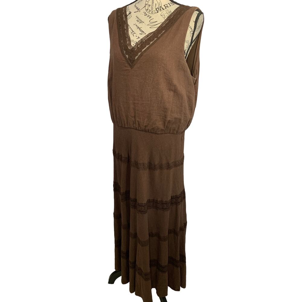 Perceptions Women Size 16 Maxi Dress Lace Trim A Line Side Zip Linen Blend Brown - Picture 6 of 10
